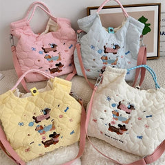 Cartoon Embroidered Heart Quilted Tote Bag