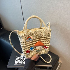 Top Applique Mushroom Straw Crossbody Bag Handle