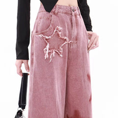 Y2K Pink Stars Patchwork E-Girl Aesthetic Women Jeans