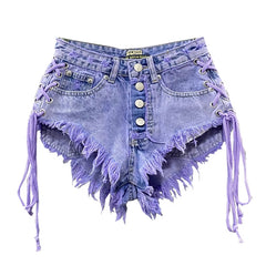 Shorts vaqueros con encaje lateral morado Y2K