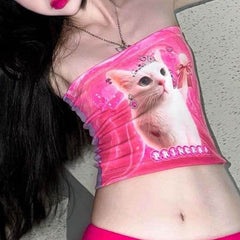 Y2K Aesthetic Princess Cat Silk Pink Tube Top