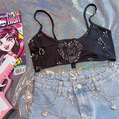 Y2K Unterwäsche Playboy Rabbit Nieten Pins Schwarz Ästhetischer BH