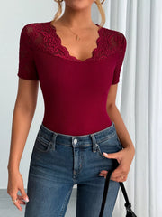 Elegant Lace Trim V-Neck Fitted Top