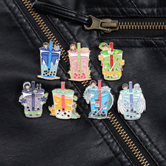 Lindos pines de dibujos animados con estilo de té con leche y burbujas