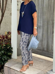 Full Size Round Neck Short Sleeve Top and Pants Set Plus Size