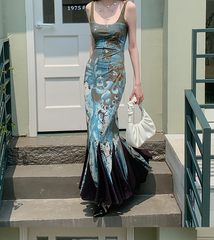 Vestido largo gótico abstracto de malla verde