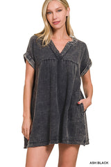 Washed Double Gauze Raw Edge V-neck Dress