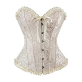 Corsé gótico beige con ribete de volantes y diseño de reloj de arena sobre el busto
