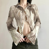 Top de malla grunge gótico con efecto tie-dye beige