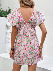 Perfee Printed V-Neck Puff Sleeve Mini Dress