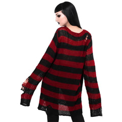 Suéter de punto gótico desgastado con rayas negras y rojas