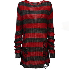 Suéter de punto gótico desgastado con rayas negras y rojas