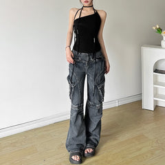 Schwarzes asymmetrisches Gothic-Neckholder-Top