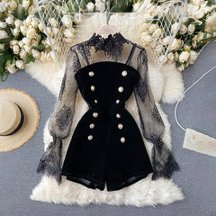 Conjunto de top de malla de encaje gótico negro y mono de terciopelo