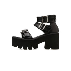 Schwarze Gothic Punk Plateau-Sandalen mit Knöchelriemen