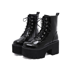 Schwarze Gothic Punk Lackleder Plateau Stiefeletten