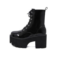 Schwarze Gothic Punk Lackleder Plateau Stiefeletten