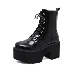 Schwarze Gothic Punk Lackleder Plateau Stiefeletten