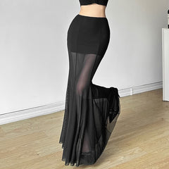 Schwarzer Gothic-Maxirock aus transparentem Netzstoff