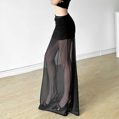 Schwarzer Gothic-Maxirock mit transparenter Netz-Overlay