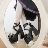 Tacones altos de plataforma gruesa con diseño de estrella y lazo estilo Lolita Kawaii en color negro