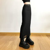 Schwarzer, schmal geschnittener Midirock mit Netzstoff-Overlay und hoher Taille