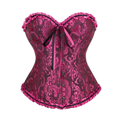 Schwarzes, gotisches Sanduhr-Überbrustkorsett mit Rüschenbesatz und Rose