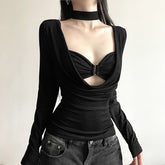 Top negro de manga larga con escote redondo