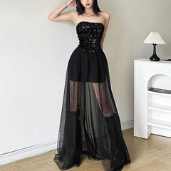 Vestido largo sin tirantes con lentejuelas y malla transparente negra