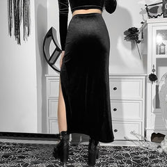 Schwarzer Midirock aus Samt mit doppeltem Schlitz