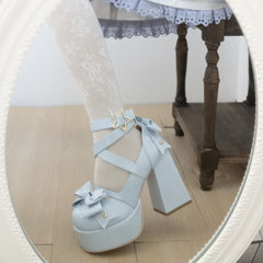 Tacones altos de plataforma gruesa con plataforma y lazo de Lolita Kawaii azul