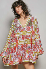 Striped Floral Long Sleeve Mini Dress with Pintuck Detail