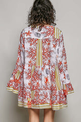 Striped Floral Long Sleeve Mini Dress with Pintuck Detail