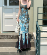 Vestido largo gótico abstracto de malla verde