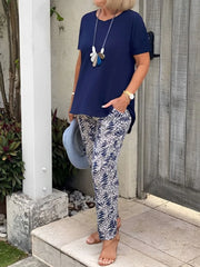 Full Size Round Neck Short Sleeve Top and Pants Set Plus Size