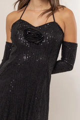 Sequin Rosette Halter Mini Dress