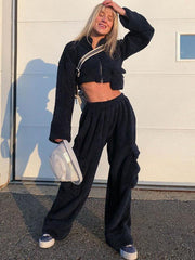 Plush Comfort Loose Mdriff Baring Long Sleeves Gym Suit