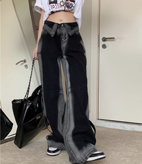 Schwarze Retro-Jeanshose mit Batikmuster und hoher Taille