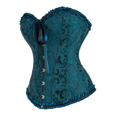 Corsé gótico azul oscuro con diseño de reloj de arena y ribete de volantes