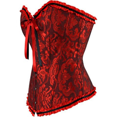 Corsé gótico rojo oscuro con ribete de volantes y diseño de reloj de arena sobre el busto