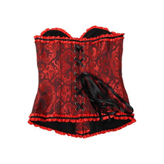 Corsé gótico rojo oscuro con ribete de volantes y diseño de reloj de arena sobre el busto