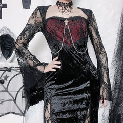 Vestido midi con abertura de terciopelo y encaje romántico oscuro