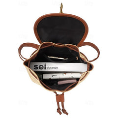 �Women Woven Boho Bag with Rattan for Travel Straw Backpack