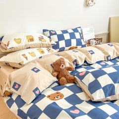 Juego de cama con diseño de oso y cuadrícula azul