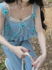 Kawaii Blaue Strickweste mit Blumenmuster