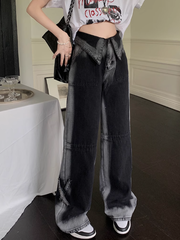 Schwarze Retro-Jeanshose mit Batikmuster und hoher Taille