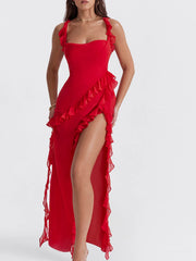 Split Ruffled Square Neck Maxi Dress