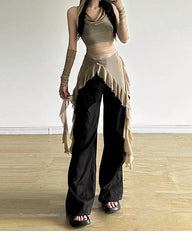 Khakifarbenes Langarm-Oberteil mit Kapuze und unregelmäßigem Saum