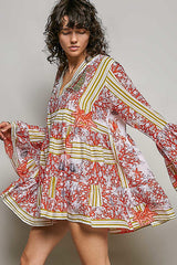 Striped Floral Long Sleeve Mini Dress with Pintuck Detail