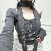 Conjunto de top de manga larga con cuello halter y estampado grunge de hadas